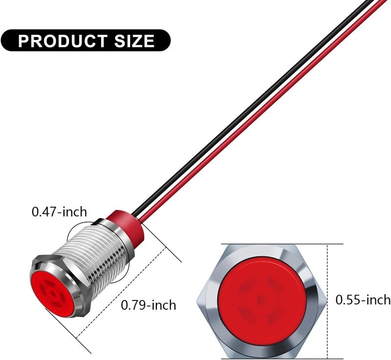 FICOLPO 10 Pcs LED Metal Waterproof Indicator Light, 12-24V 0.47-inch Mounting Hole Pre-Wired Pilot Signal Light for Car, Trucks, Boats, Marine, Dash, Industrial Electricity (Red, 12mm) - Image 3